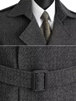 Men's Suit Coat Double Breasted Belted Notched Lapel Collar Gray Woolen Coat