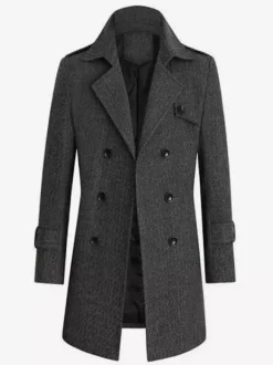 Men's Suit Coat Double Breasted Belted Notched Lapel Collar Gray Woolen Coat