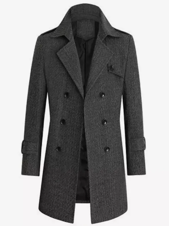 Men's Suit Coat Double Breasted Belted Notched Lapel Collar Gray Woolen Coat
