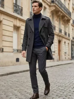 Men's Suit Coat Double Breasted Belted Notched Lapel Collar Gray Woolen Coat