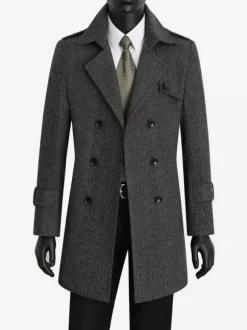 Men's Suit Coat Double Breasted Belted Notched Lapel Collar Gray Woolen Coat