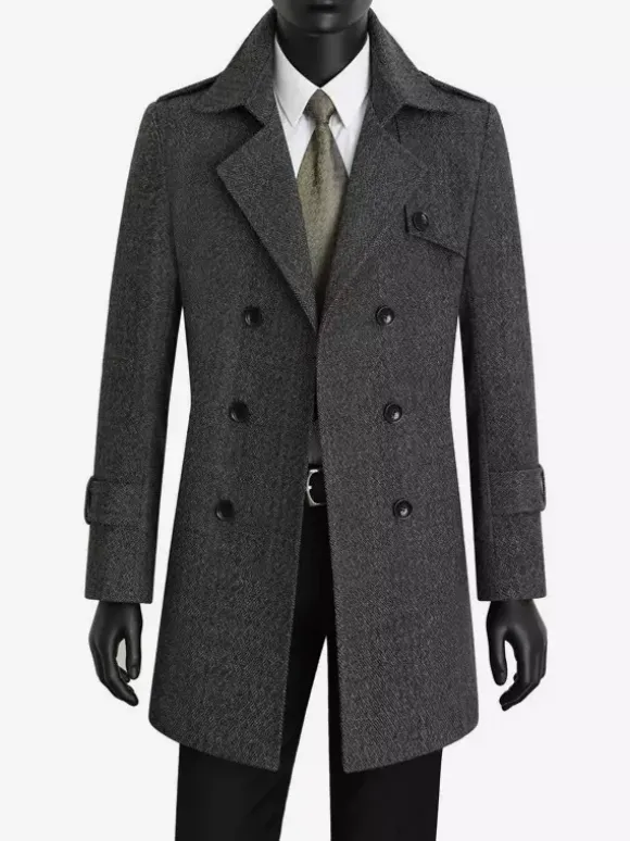 Men's Suit Coat Double Breasted Belted Notched Lapel Collar Gray Woolen Coat