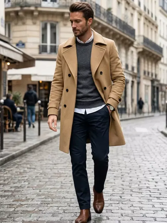 Men's Suit Double Breasted Turn-Down Collar Chic Slim Fit Maxi Coat