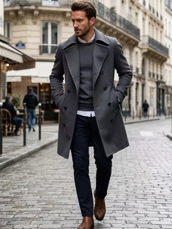 Men's Suit Double Breasted Turn-Down Collar Chic Slim Fit Maxi Coat