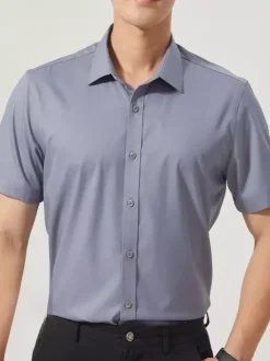 Men's Summer Shirts Elastic Slim Fit Business Casual Short-Sleeved Shirts
