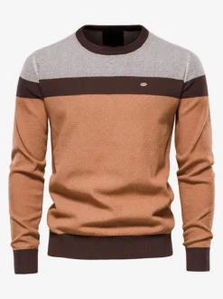 Men's Sweaters Men's Pullover Knitwear Jewel Neck Color Block Winter Orange Deep Gray