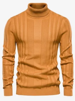 Men's Sweaters Men's Pullover Knitwear High Collar Winter Coffee Brown Yellow