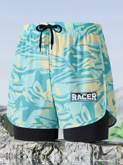 Men's Swimming Trunks Quick Dry Double Layer Boxer Briefs Anti-Embarrassment Board Shorts For Adults