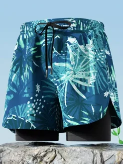 Men's Swimming Trunks Quick Dry Double Layer Boxer Briefs Anti-Embarrassment Board Shorts For Adults