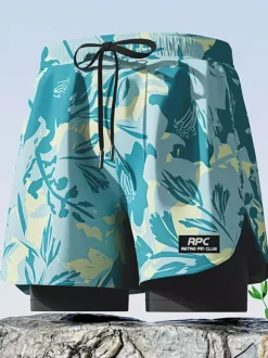 Men's Swimming Trunks Quick Dry Double Layer Boxer Briefs Anti-Embarrassment Board Shorts For Adults