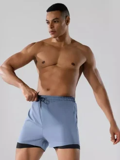 Men’s Swim Trunks Boxer Style Double-Layer Loose Fit Quick-Dry Plus Size Beach Wear