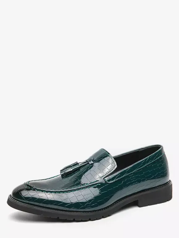 Mens Tassel Loafer Leather Stone Pattern Slip-On Penny Shoes Fashion Pointed Toe Comfortable Low Top Non-Slip Dress Shoes For Wedding Party Formal