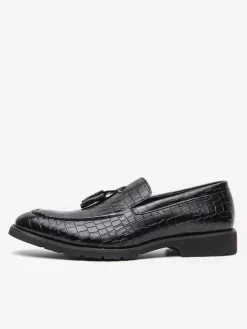 Mens Tassel Loafer Leather Stone Pattern Slip-On Penny Shoes Fashion Pointed Toe Comfortable Low Top Non-Slip Dress Shoes For Wedding Party Formal