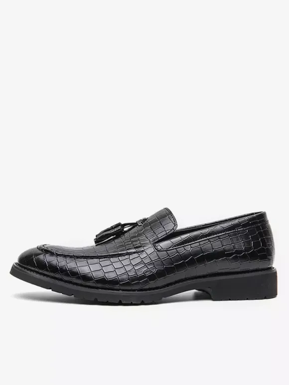 Mens Tassel Loafer Leather Stone Pattern Slip-On Penny Shoes Fashion Pointed Toe Comfortable Low Top Non-Slip Dress Shoes For Wedding Party Formal