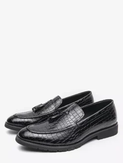 Mens Tassel Loafer Leather Stone Pattern Slip-On Penny Shoes Fashion Pointed Toe Comfortable Low Top Non-Slip Dress Shoes For Wedding Party Formal