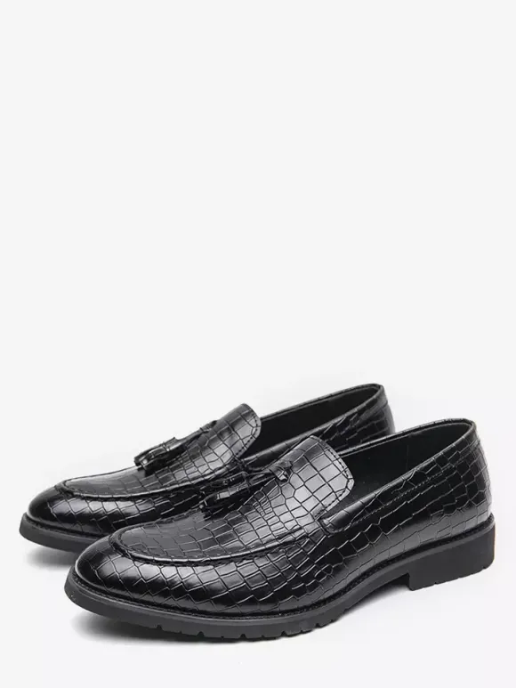 Mens Tassel Loafer Leather Stone Pattern Slip-On Penny Shoes Fashion Pointed Toe Comfortable Low Top Non-Slip Dress Shoes For Wedding Party Formal