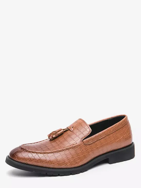 Mens Tassel Loafer Leather Stone Pattern Slip-On Penny Shoes Fashion Pointed Toe Comfortable Low Top Non-Slip Dress Shoes For Wedding Party Formal