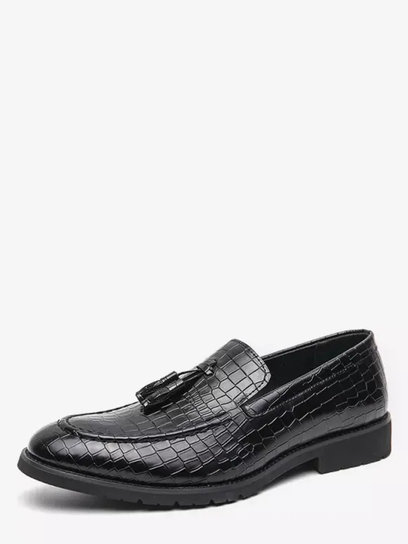 Mens Tassel Loafer Leather Stone Pattern Slip-On Penny Shoes Fashion Pointed Toe Comfortable Low Top Non-Slip Dress Shoes For Wedding Party Formal