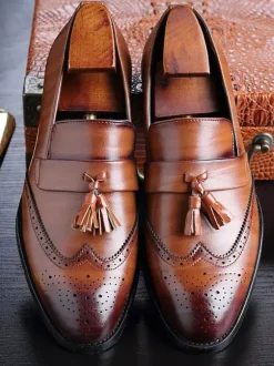 Mens Tassel Loafers Leather Wingtip Pattern Formal Shoes Slip-On Pointed Toe Penny Shoes