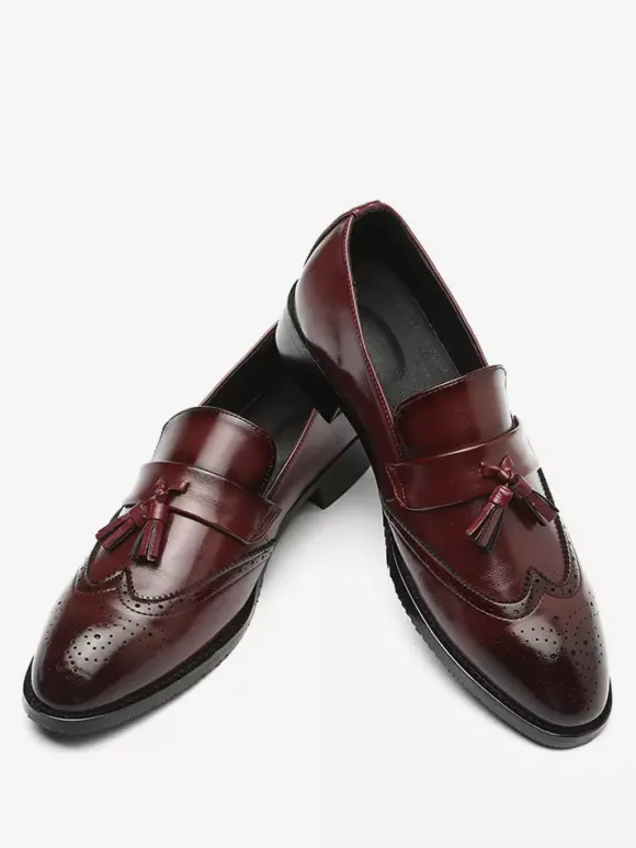 Mens Tassel Loafers Leather Wingtip Pattern Formal Shoes Slip-On Pointed Toe Penny Shoes