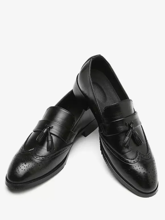 Mens Tassel Loafers Leather Wingtip Pattern Formal Shoes Slip-On Pointed Toe Penny Shoes