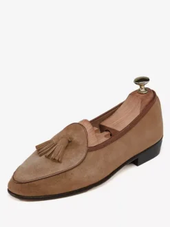 Mens Tassel loafer Slip-on Suede Moccasins Spike low heels Light Brown Prom Shoes
