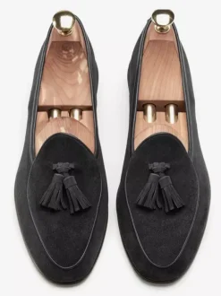 Mens Tassel loafer Slip-on Suede Moccasins Spike low heels Light Brown Prom Shoes