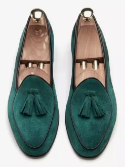 Mens Tassel loafer Slip-on Suede Moccasins Spike low heels Light Brown Prom Shoes