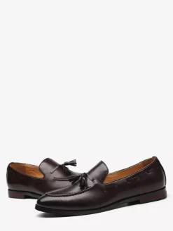 Mens Tassel Loafers Pointed Toe Low Heels Slip-on Leather Penny Shoes