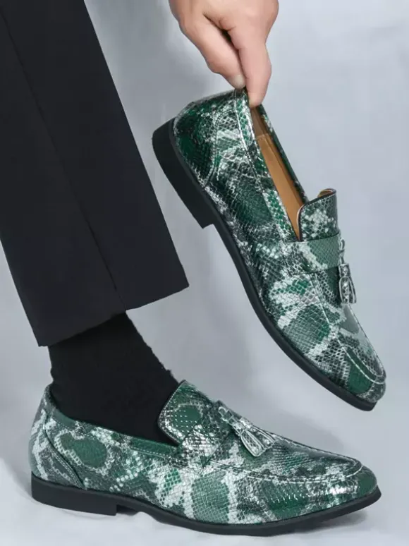 Men's Tassel Loafers Slip-On PU Leather Fish Print Round Toe For Prom Wedding Shoes