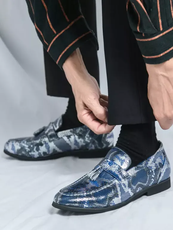 Men's Tassel Loafers Slip-On PU Leather Fish Print Round Toe For Prom Wedding Shoes