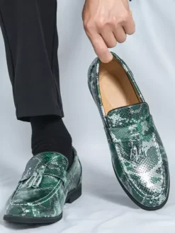 Men's Tassel Loafers Slip-On PU Leather Fish Print Round Toe For Prom Wedding Shoes