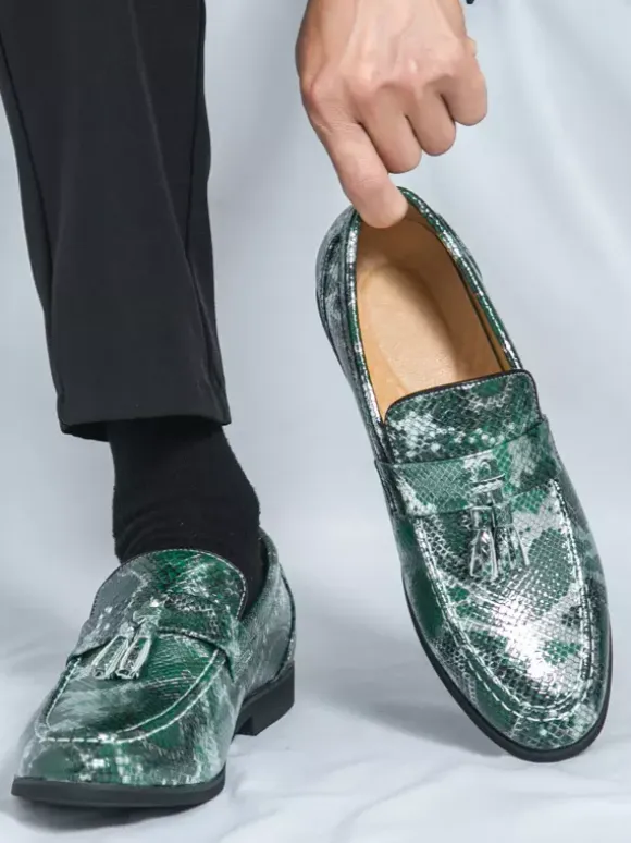 Men's Tassel Loafers Slip-On PU Leather Fish Print Round Toe For Prom Wedding Shoes
