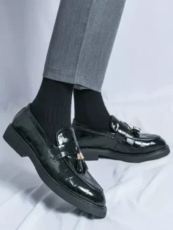 Mens Tassel Loafers Slip-Ons Pointed Toe Penny Shoes Patent Splice Design Low Heels Party Shoes