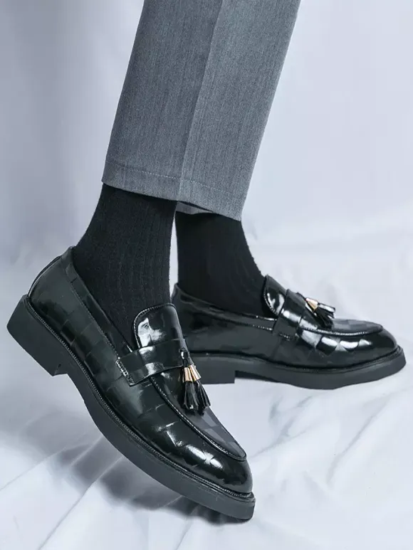 Mens Tassel Loafers Slip-Ons Pointed Toe Penny Shoes Patent Splice Design Low Heels Party Shoes