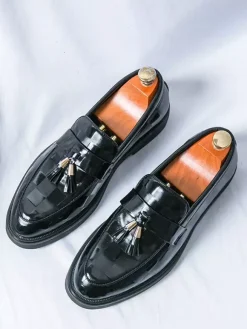 Mens Tassel Loafers Slip-Ons Pointed Toe Penny Shoes Patent Splice Design Low Heels Party Shoes