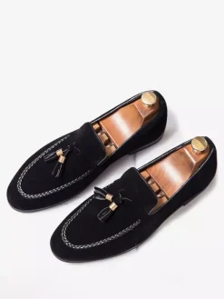 Mens Tassel Loafers Suede Slip-on Moccasins Round Toe Low Block Heel Penny Shoes