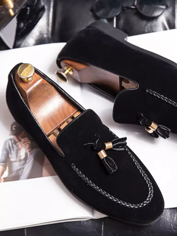Mens Tassel Loafers Suede Slip-on Moccasins Round Toe Low Block Heel Penny Shoes