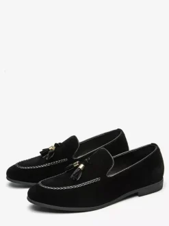 Mens Tassel Loafers Suede Slip-on Moccasins Round Toe Low Block Heel Penny Shoes