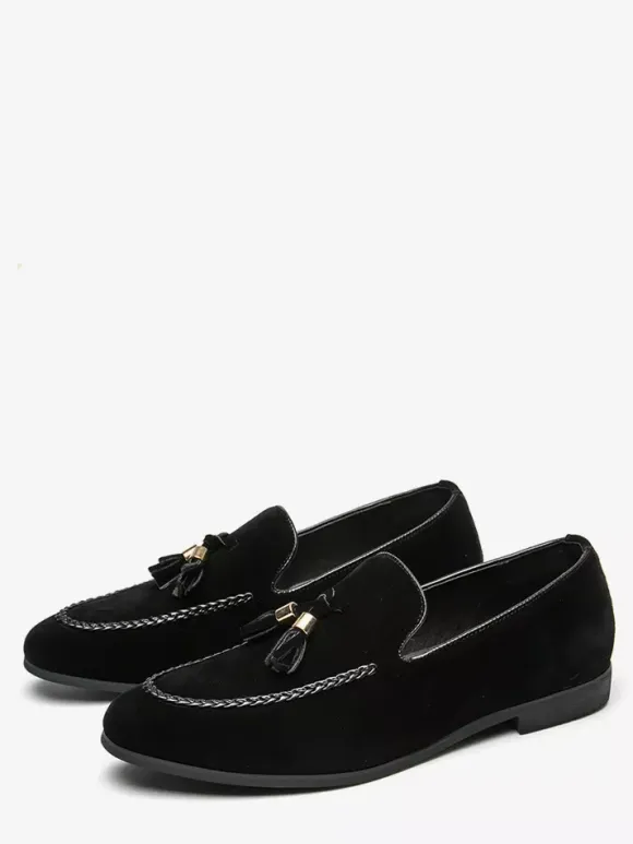Mens Tassel Loafers Suede Slip-on Moccasins Round Toe Low Block Heel Penny Shoes