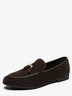 Mens Tassel Loafers Suede Slip-on Moccasins Round Toe Low Block Heel Penny Shoes