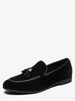 Mens Tassel Loafers Suede Slip-on Moccasins Round Toe Low Block Heel Penny Shoes