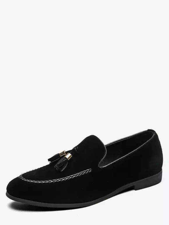 Mens Tassel Loafers Suede Slip-on Moccasins Round Toe Low Block Heel Penny Shoes