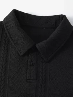 Men’s Textured Sweatshirt Turndown Collar Long Sleeve Retro Style Polo Jacket With Ribbed Cuffs And Hem