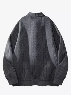 Men’s Textured Sweatshirt Turndown Collar Long Sleeve Retro Style Polo Jacket With Ribbed Cuffs And Hem