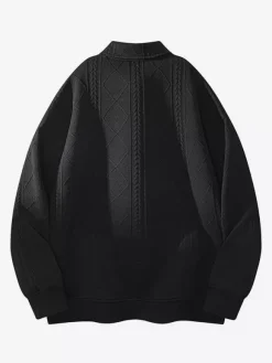 Men’s Textured Sweatshirt Turndown Collar Long Sleeve Retro Style Polo Jacket With Ribbed Cuffs And Hem