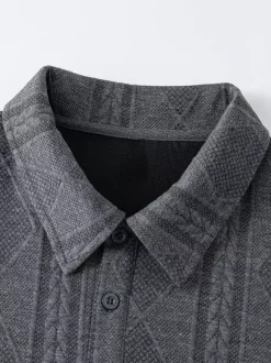 Men’s Textured Sweatshirt Turndown Collar Long Sleeve Retro Style Polo Jacket With Ribbed Cuffs And Hem