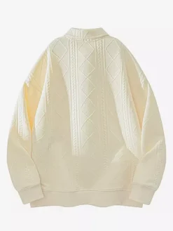 Men’s Textured Sweatshirt Turndown Collar Long Sleeve Retro Style Polo Jacket With Ribbed Cuffs And Hem
