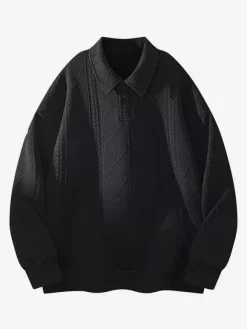 Men’s Textured Sweatshirt Turndown Collar Long Sleeve Retro Style Polo Jacket With Ribbed Cuffs And Hem
