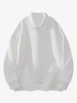 Men’s Textured Sweatshirt Turndown Collar Long Sleeve Retro Style Polo Jacket With Ribbed Cuffs And Hem